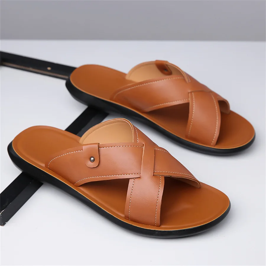 Summer Men Slippers Leather Slippers Casual Flat Men Non Slip Beach Slide Flip Flops Size48