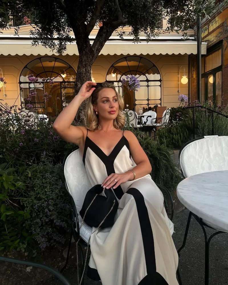 V Neck Backless Maxi Dresses For Women Color Block Slim Sexy Sundress Femme Street Fashion Party Temperament Dress Woman
