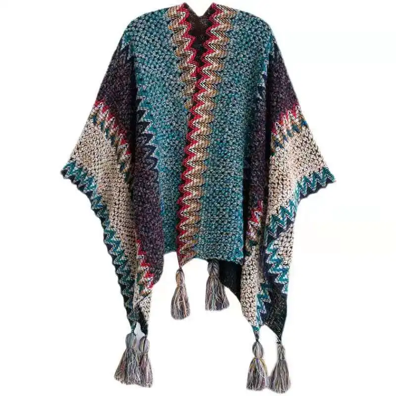 

Poncho Knitted Cloak Knitted Cape Ethnic Style Capes Tassel Cardigan Sweater Color Loose Vintage Striped Women Travel Coat Blue