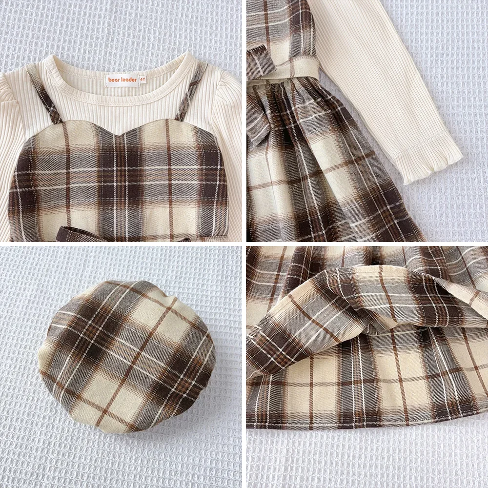 Bear Leader Modische Patchwork-Kleider für Mädchen im Fake-Two-Look, Herbst 2026, Khaki, Kinderkleider für Mädchen, Kariertes Langarmkleid + Hut – Detail 14