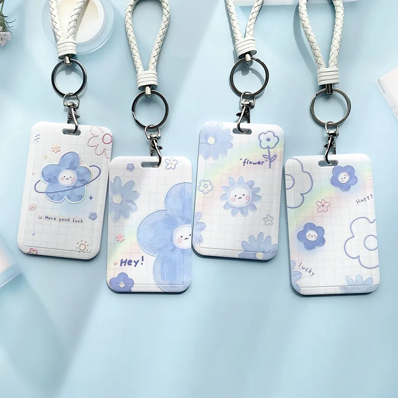Blue Flower Slide Card Case - Cute Ins Style Student ID Holder with Neck Strap for Cards Storage (ABS Hard Shell)