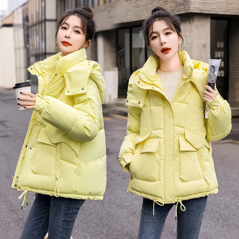 

Large Size Waist Women's Clothing 2023 Autumn and Winter Korean Style Loose Casual Hooded Jacket Short Cotton Jacket