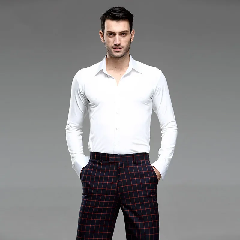 Men White Dance Shirt Competition Performance Ballroom Modern Salsa Tango Samba latin top men shirts boys dancewear dance shirts
