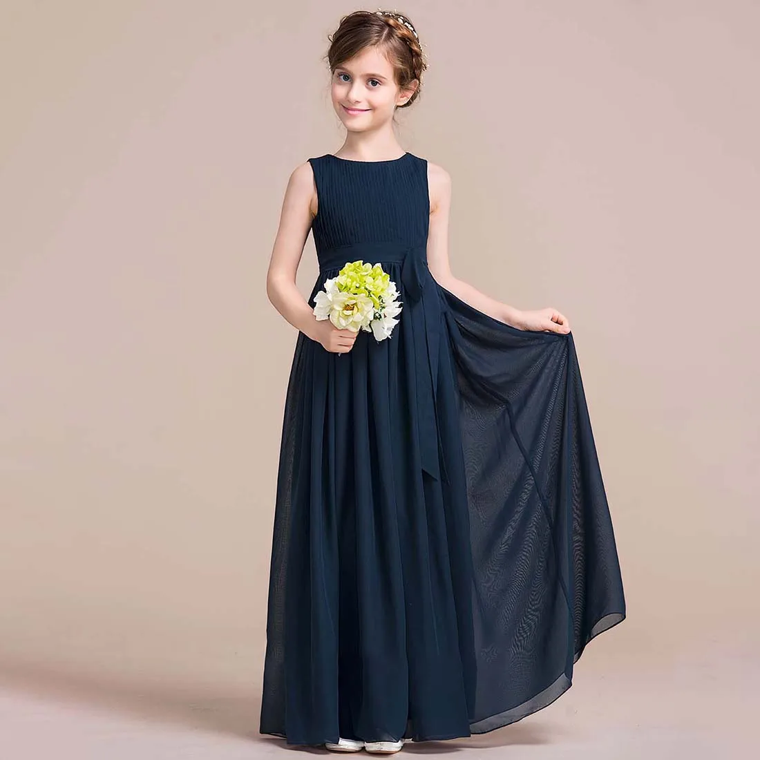 YZYmanualroom Junior Bridesmaid Dresses Flower Girl Dress A-line Scoop Floor-Length Chiffo Wedding Party 4-15T(5 Colors)