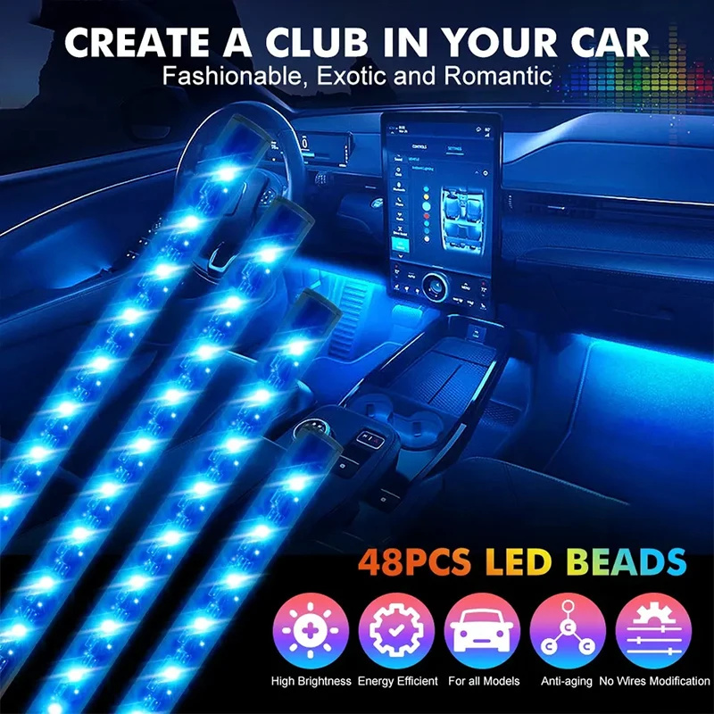 LED 자동차 발 주변 조명, USB 자동차 네온 무드 백라이트, 음악 제어 앱, RGB 자동차 인테리어 장식 분위기 조명