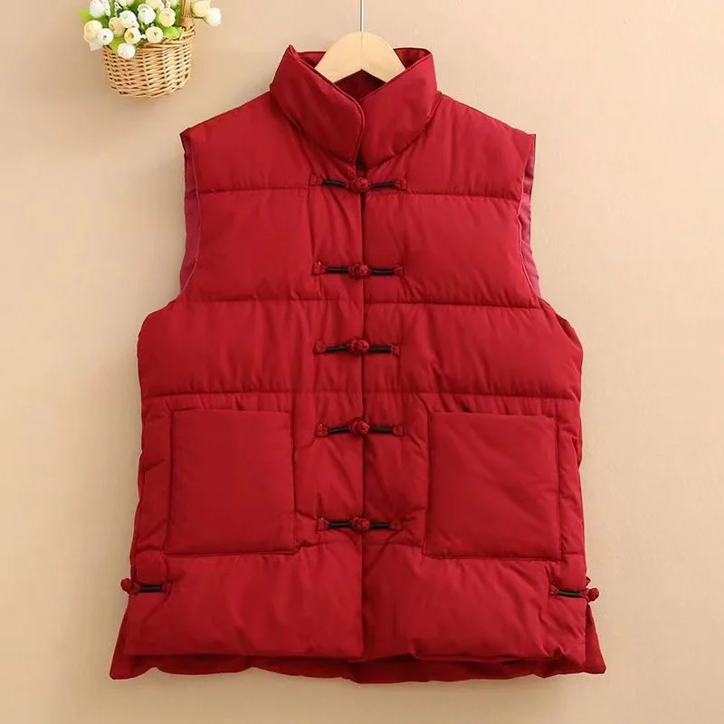 

Retro Jacket Women's Cotton Vest Chinese Style Women 2022 New Fashion Solid Color Stand Collar Winter Women's Vest Coat Ethnic