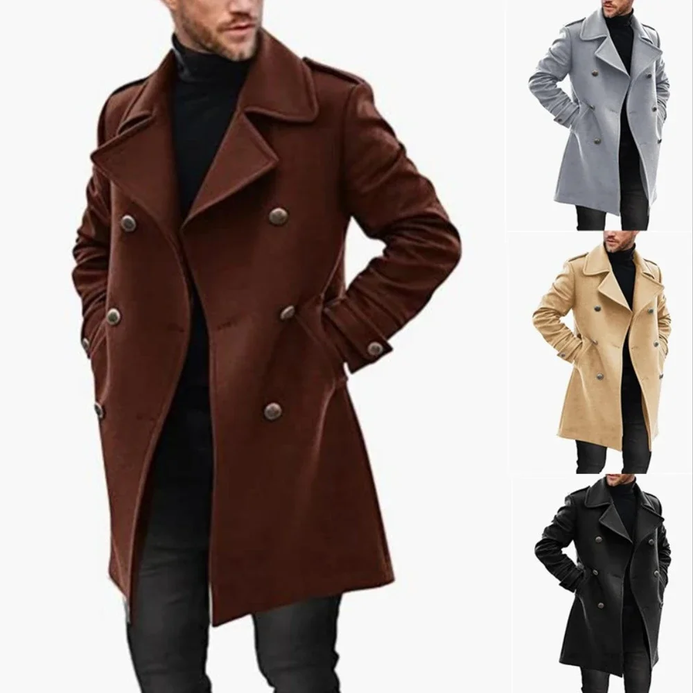 Trench Coat Men Classic Double Breasted Long Coat Mens