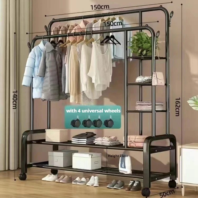 Clothes Rack Dual Pole Clothes Hanger Movable Wardrobe Stand for Shelves Home Furniture Standing Coat Sotrage Rack