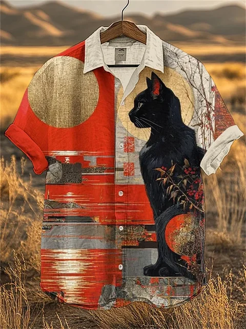 Men's cat print casual short-sleeved shirt, breathable and loose collared shirt, summer beach vacation style printed top. 2