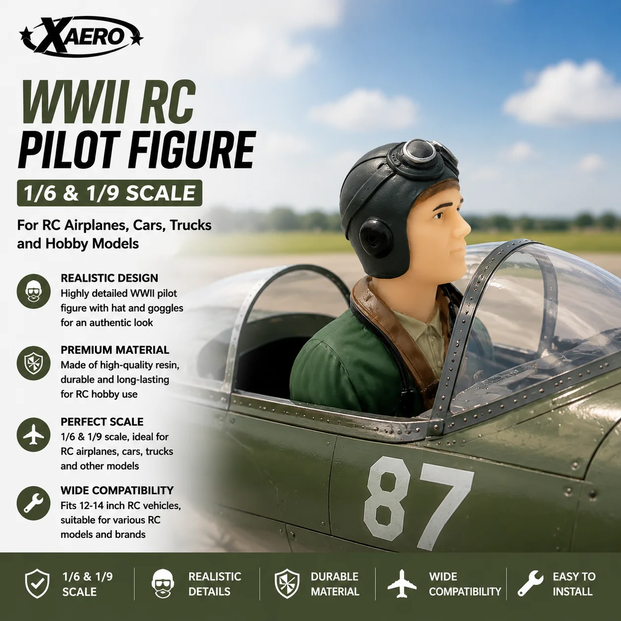 XAERO 1/6 1/9 Maßstab WWII RC Pilot Figur mit Hut Armee Grün Braun für RC Flugzeug Auto LKW Hobby Modell Spielzeug Fit 12-14 Fahrzeuge