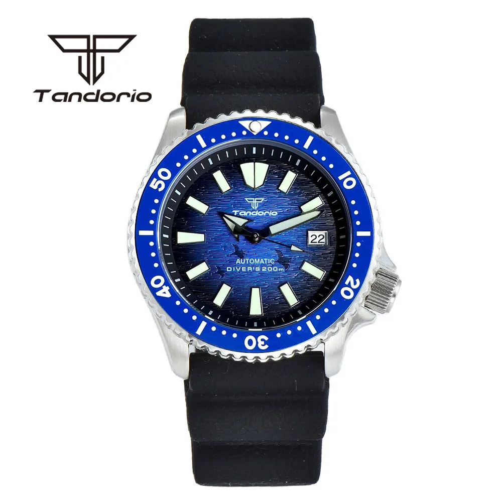 Tandorio NH35A 41mm 200m Automatic Diving Men's Wristwatch Black Blue Dial Luminous Sapphire Glass Date Rubber Steel