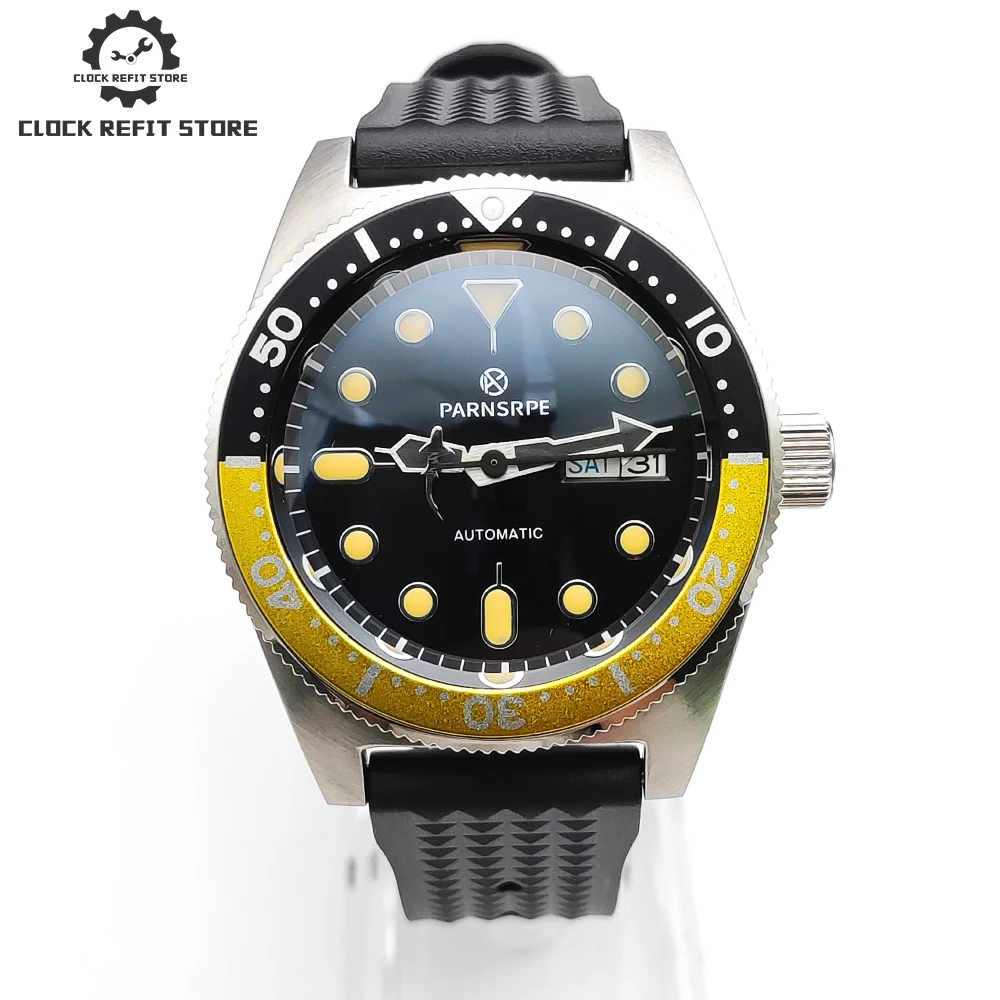 

Parnsrpe - Luxury 38mm men's watch NH36A caliber waterproof screw crown sapphire crystal black yellow inner shadow ring