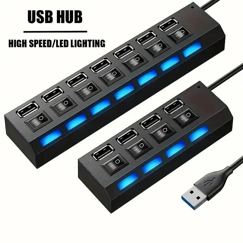 USB 2.0 Hub Multi USB Splitter Hub Use Power Adapter 7 Port Multiple Expander 2.0 USB Hub with Switch For PC