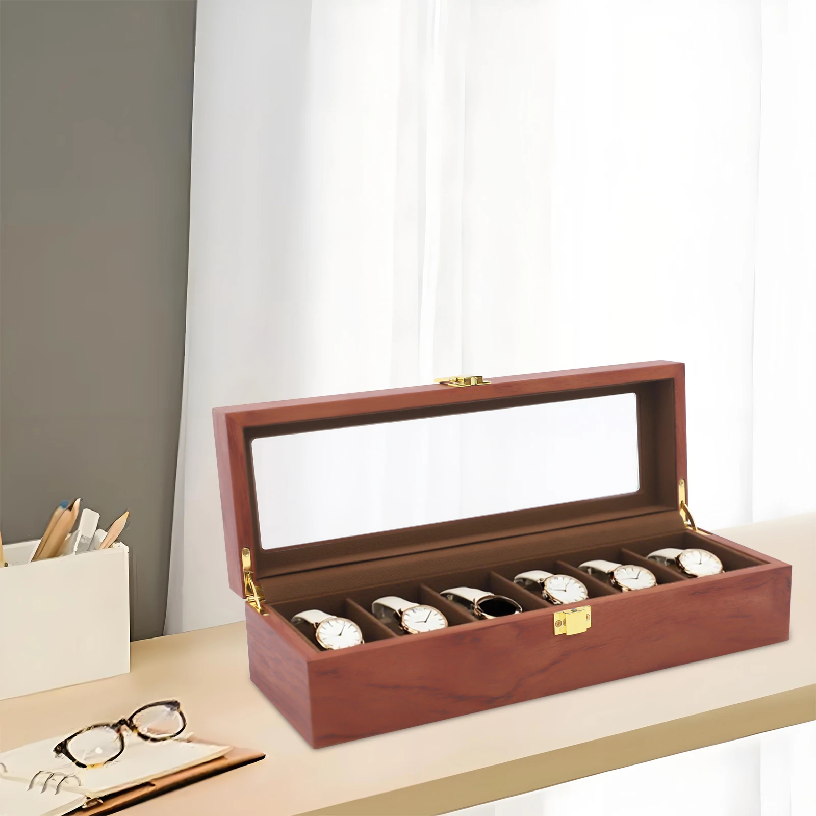 6-Fach Umweltfreundliche Leder-Uhrenbox im Klassischen Bestseller-Stil, Staubdichte Uhrenaufbewahrung mit Schloss und Glasfenster – Detail 2