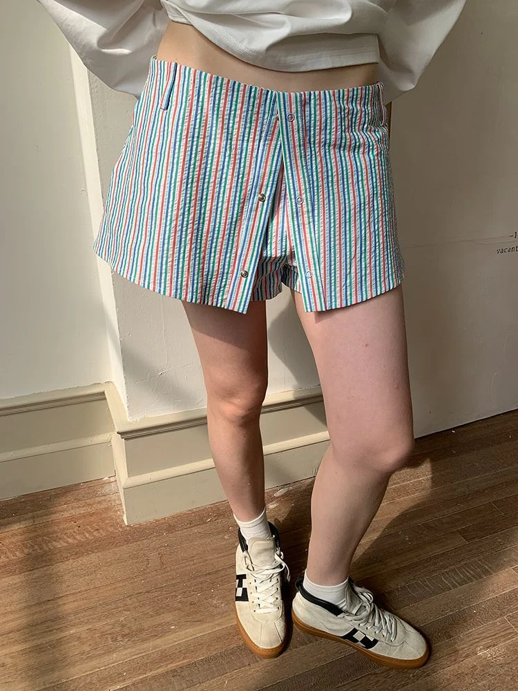 ADAgirl Summer Stripe Shorts Women Y2k Causal Baggy Low Waist Korean Straight Half Pants Streetwear Fashion Female Short Skirts