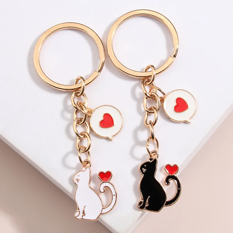 CuteEnamelKeychainHeartCatKeyRingAnimalKeyChainsValentines