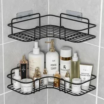 Mensola triangolare angolare per bagno, ripiani portaoggetti montati a parete, porta shampoo, porta cosmetici, organizer per cestello di scarico per doccia in ferro 1