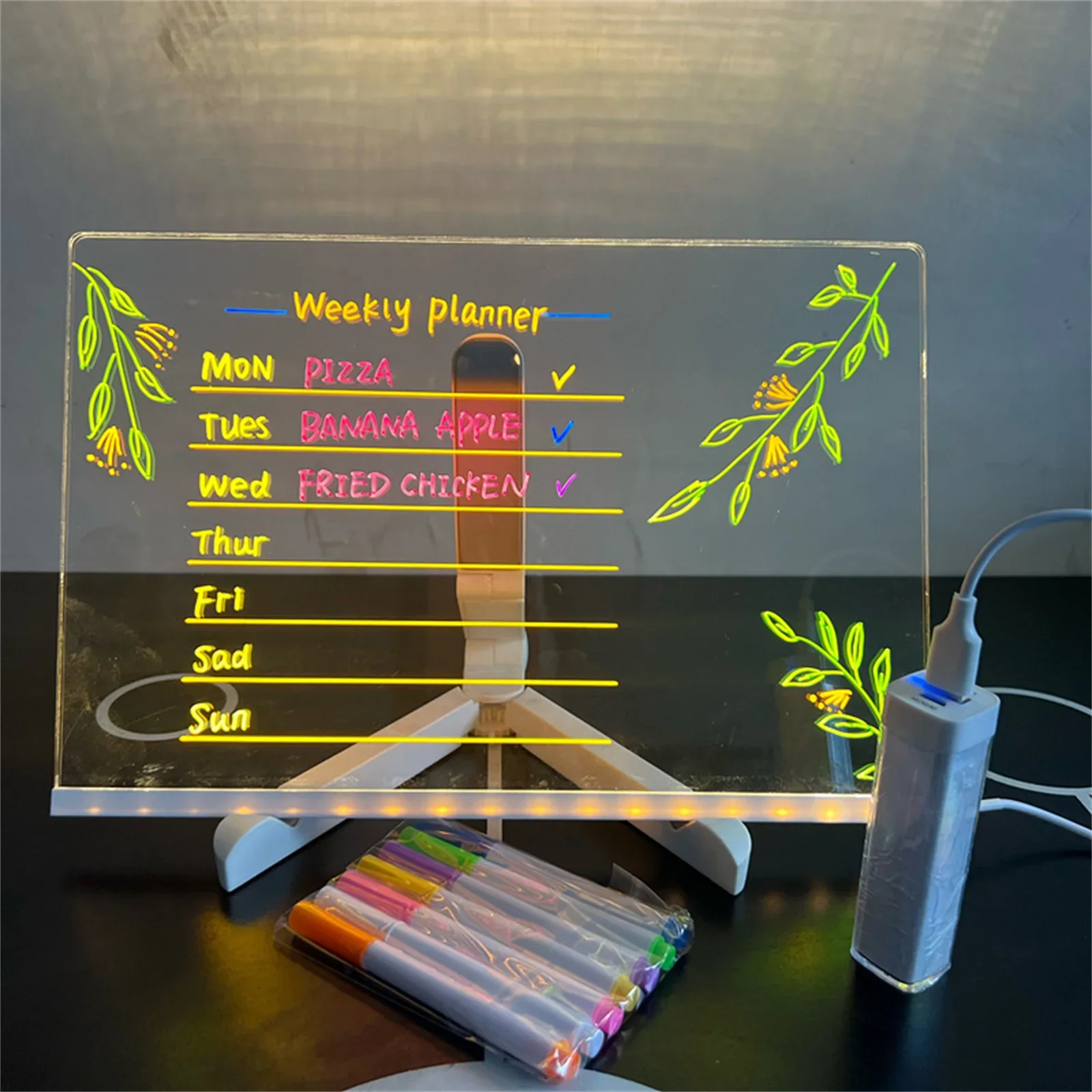 데스크탑 지울 수있는 칠판 LED 아크릴 노트 보드 7 색 펜 수제 DIY 어린이 드로잉 보드 크리스마스 선물