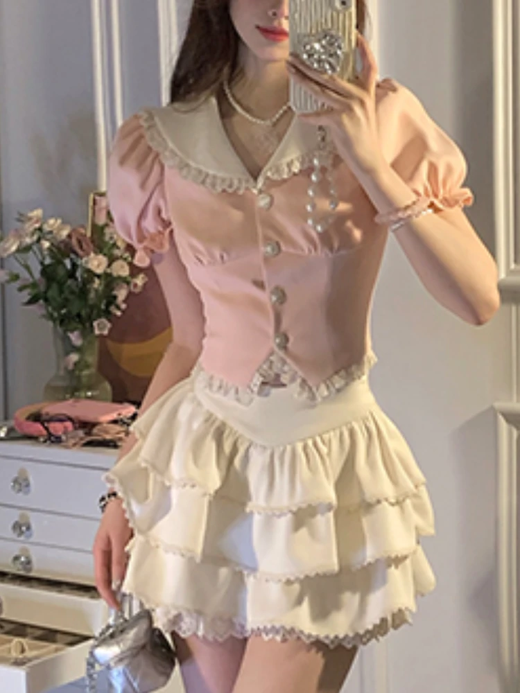 

Japanese Kawaii Lolita Two Piece Set Women College Style Lace Sweet Mini Skirt Suit Female Puff Sleeve Blouses＋korean Cake Skirt