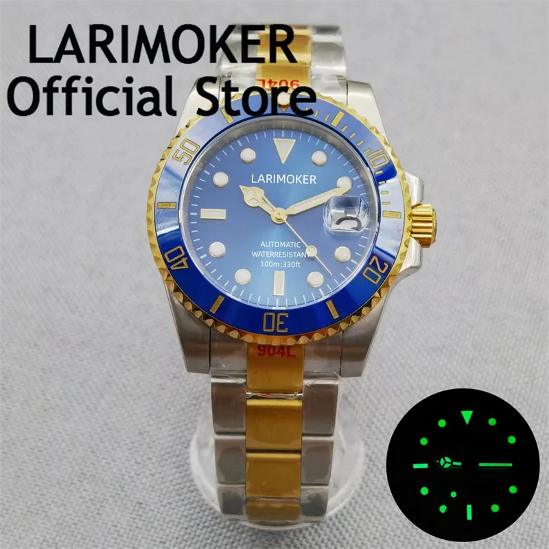 Lari moker 40mm Herren Uhr zweifarbiges Gold gehäuse selbst aufwickeln des Saphirglas nh35 pt5000 Uhrwerk blaues Zifferblatt Edelstahl armband – Detail 1