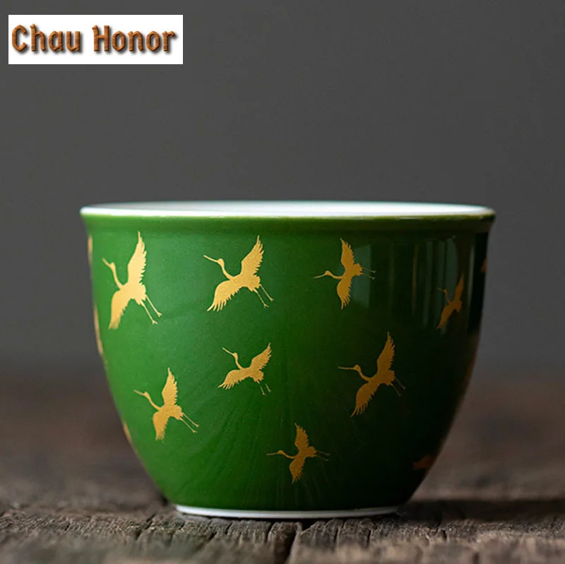 2pc/set Retro Emerald Gold Crane Art Ceramic Tea Cup Large Single Master Cup Household Kung Fu Tea Set Teaware Drinkware 75ml