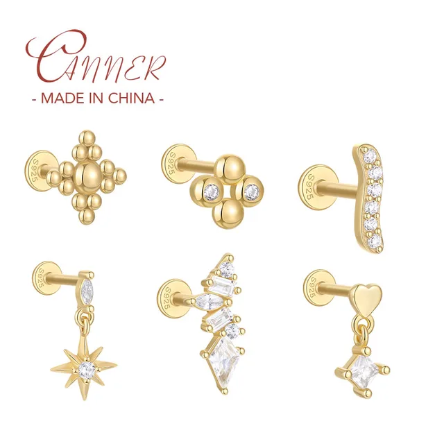 CANNER Trend 925 Sterling Silver Tassel Chains Star Zircon Flat Piercing Stud Earring For Women Girls Ear Bone Fine Jewelry Gift 1