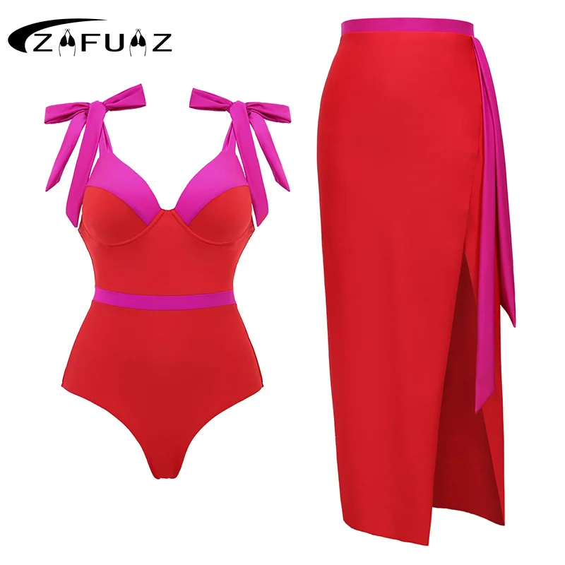 2024 Sexy Color Block 3D Flower One Piece Swimwear Skirt Women Luxury Push Up Swimsuit Solid Beachwear Summer Bathing Suit Dress