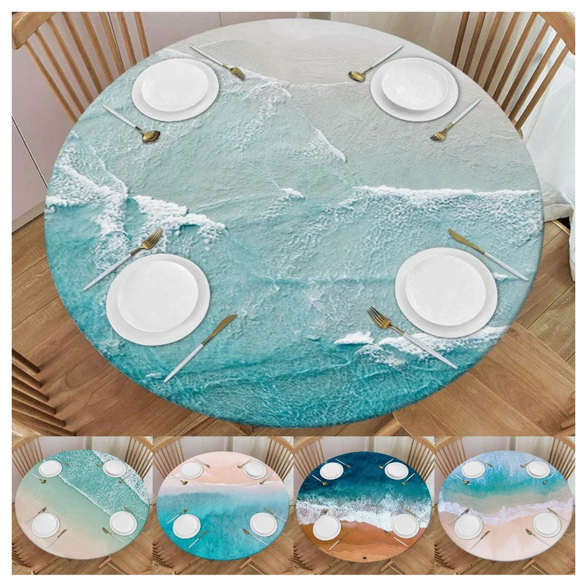 

Sea Round Fitted Tablecloth with Elastic Waterproof Wipeable Table Protect Cover For Indoor Outdoor Kitchen Dinner Desk Decorat