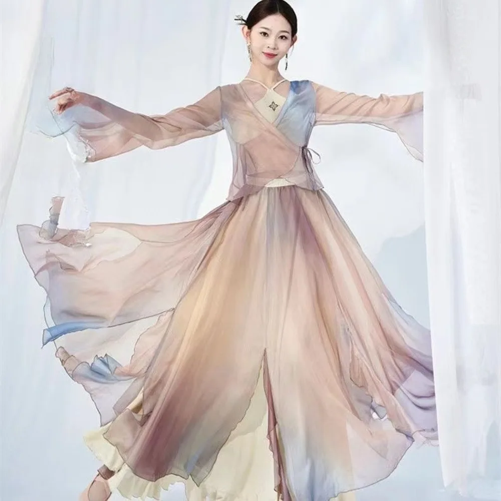 

Chinese Classical Dance Dress Performance Costumes Mesh Training Clothes Gradient Han Elegant Long Style Improve Hanfu Art Skirt