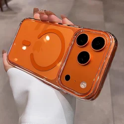 Luxury Crystal Clear Magnetic Case with MagSafe Wireless Charging Compatibility - iPhone 15 Plus (Orange)