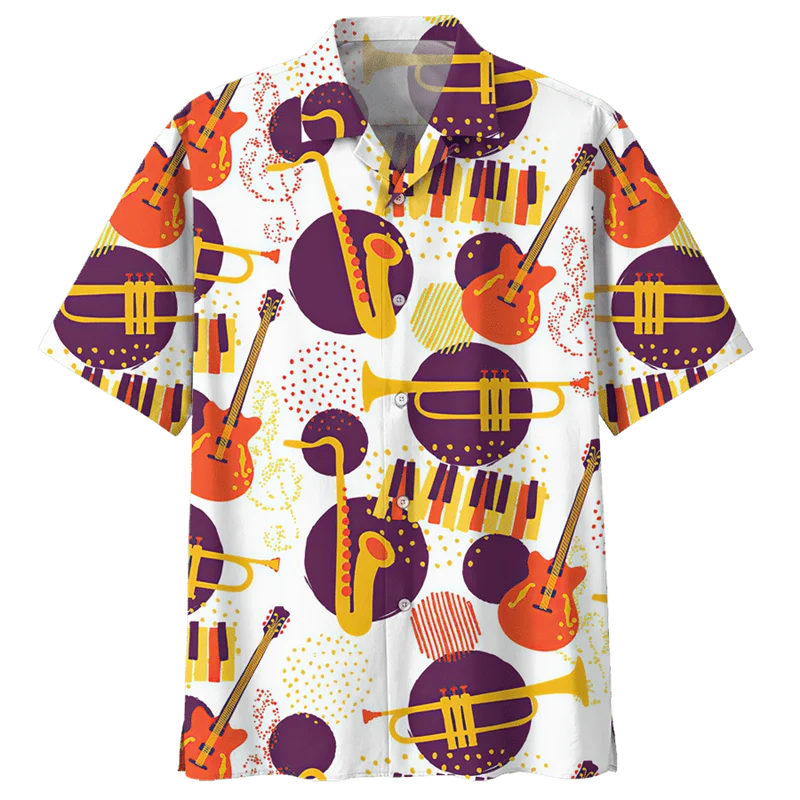 

Saxophone Guitar Pattern Shirt For Men 3D Printed Musical Instrument Blouse Loose Lapel Short Sleeve Button Hawaiian Shirts