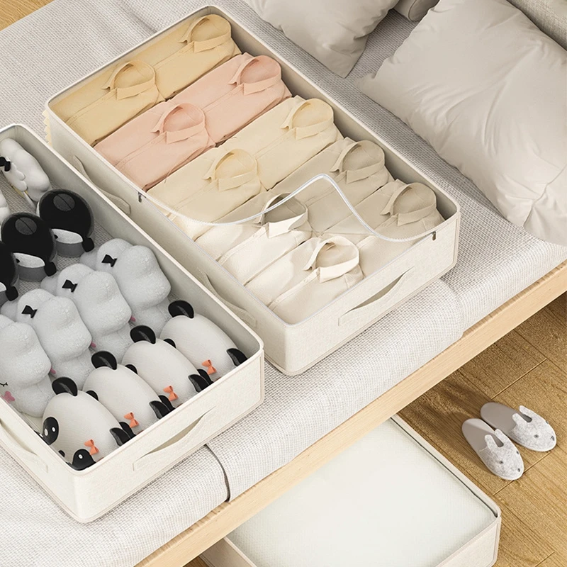 Beige Clothes Storage Bag Cotton linen Wardrobe  Quilt Clothing Organizer  Underwear Sock Box with Transparent Dust Cover 4
