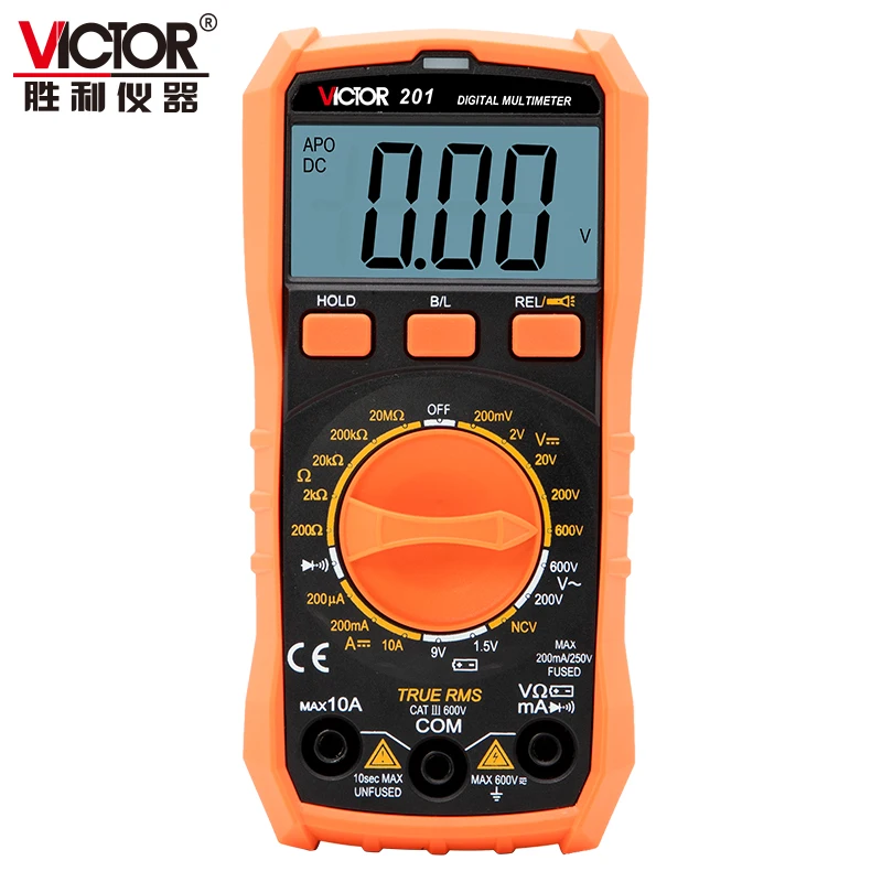 VICTOR 201 1999 Counts LCD Display Smart True RMS Digital MultimeterS Manual Range AC DC 600V 10 Amp 1.5V/9V Battery Measurement