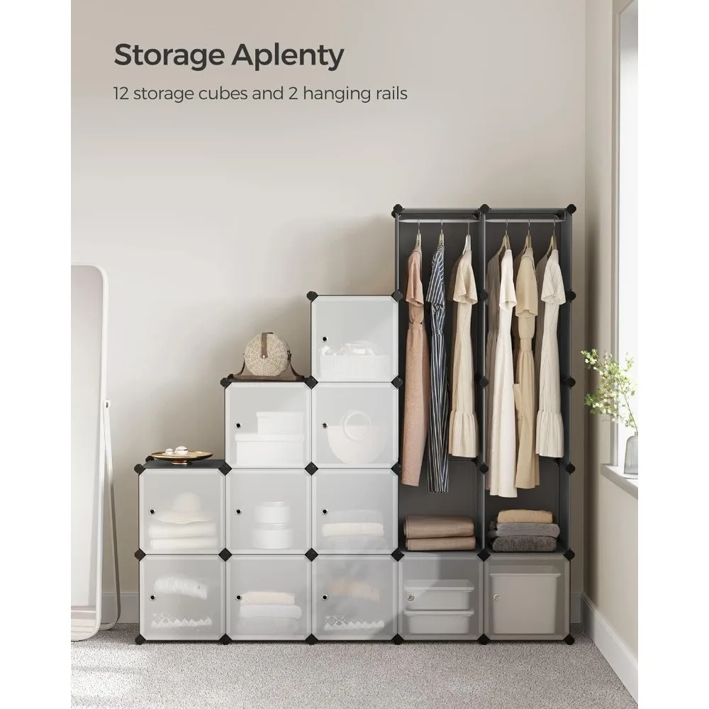 12-Cube Portable Closet, Plastic Wardrobe with Doors & 2 Hangers