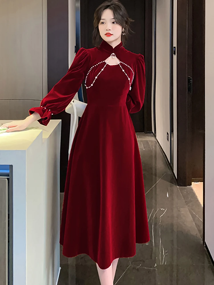 Autumn Winter Red Velvet Thick Warm Midi Dress Women Luxury
