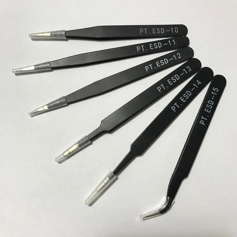 6pcs esd antistatic stainless steel tweezer set maintenance repair tool kit antistatic model making tool hand set esd anti static tweezers