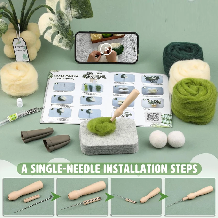 LMDZ Plant Felt Kits Wool Felting Kit Felting Needles Pad Wool Roving Instructions