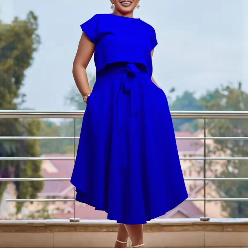 

African Clothes for Women Summer Elegant African Short Sleeve O-neck Polyester Red 2pcs Top Skirt Matching Sets African Suit
