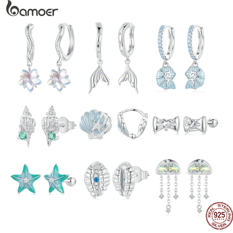 Bamoer Real 925 Sterling Silver Cute Shell Jellyfish Mermaid Starfish Stud Earrings Ocean Ear Buckles For Women Fine  Jewelry