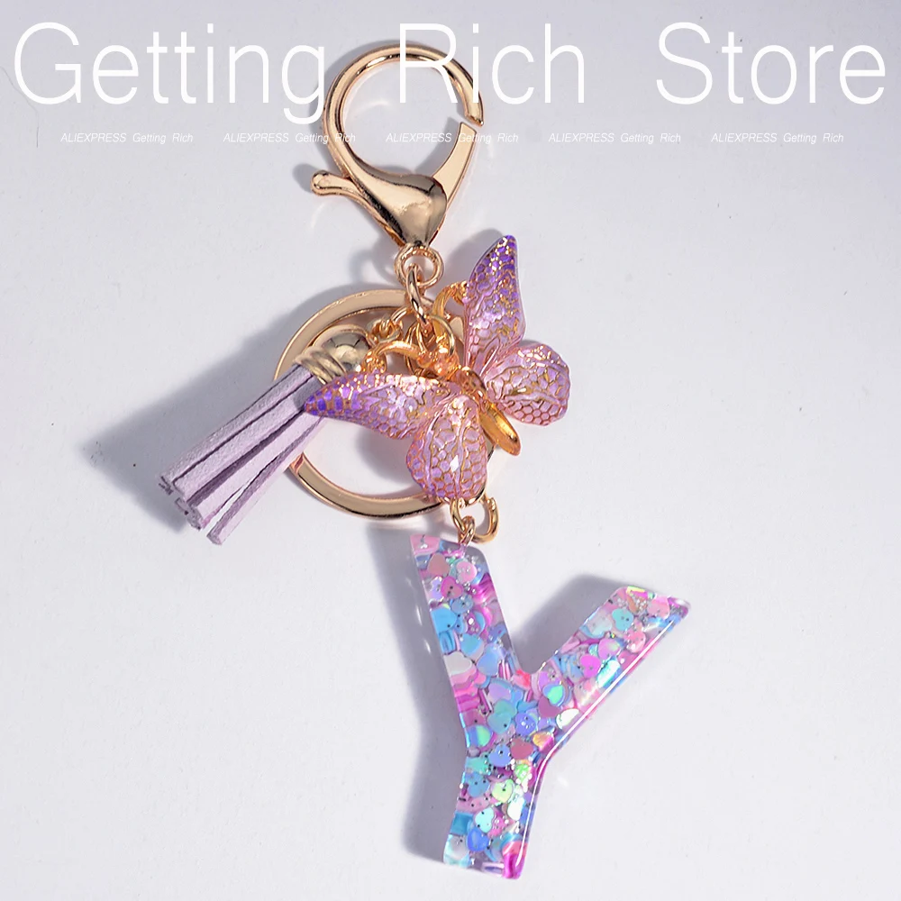 Shiny Heart Sequin Resin Keychain Purple Butterfly Tassel Pendant