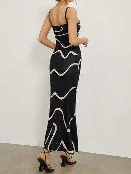 Women's Summer Cami Knit Dress Wavy Print Spaghetti Strap Open Back Party Midi Dress 2