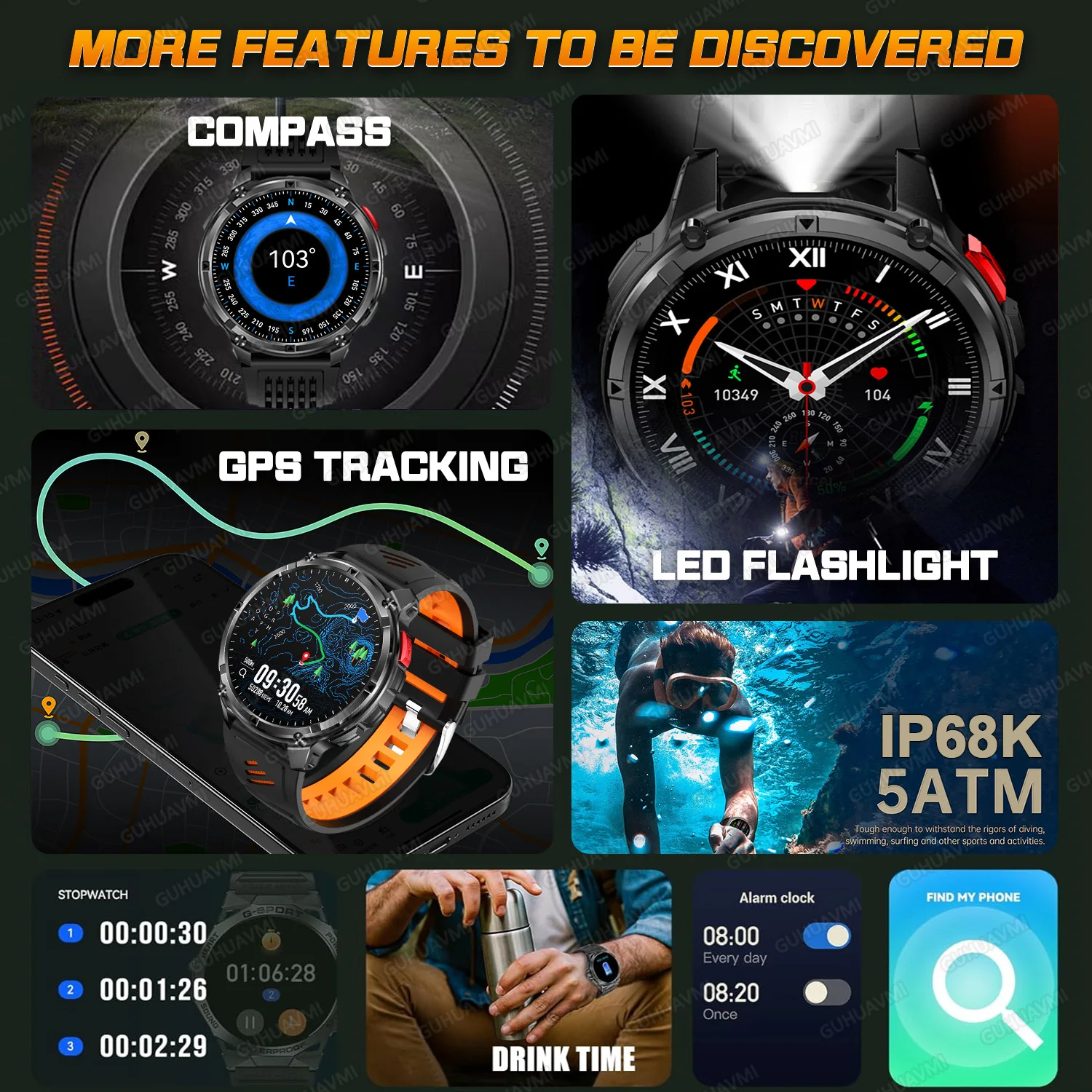 1100mAh Large Battery Durable Adult GPS Smart Watch Strong Flashlight Compass Waterproof Clock HD Call Swim Sport Smartwatch Men