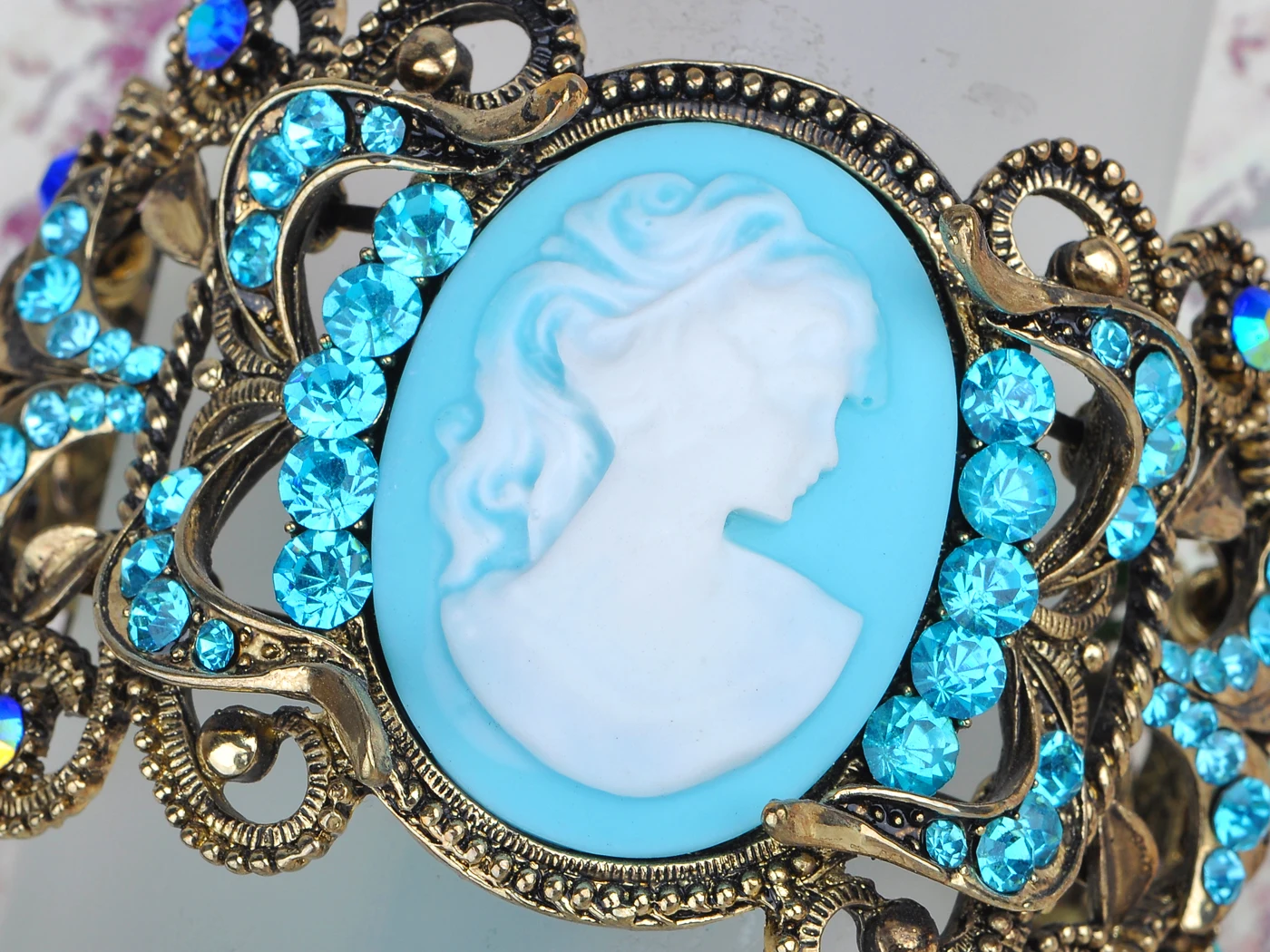 Golden Tone Blue Lady Girl Maiden Cameo Bangle Bracelet