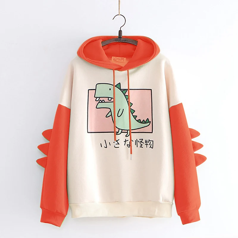 Casual Dinosaur Print Hoodies Women Cute Purple Sweatshirt Pullovers Tops Harajuku Hooded Girls Female Teens Hooded Clothes Red