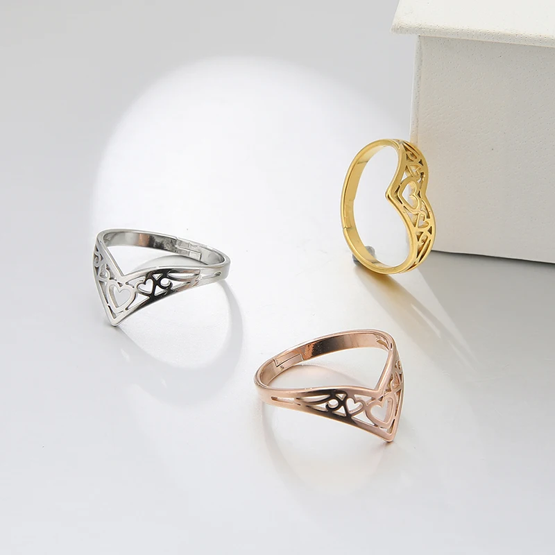 Stainless Steel Couple Rings Unift Romantic Stainless Steel Heart Ladies Open Ring Unique V Port Design Eternal Love Finger Couple Rings Engagement Jewelry