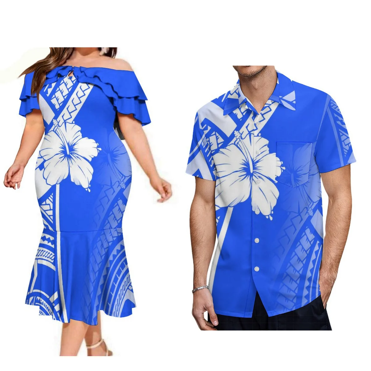 

Custom Polynesian Tribal Print Women'S Off-The-Shoulder Dress Party Fishtail Dress And Men'S Shirt Formal Occasion Couple Suit