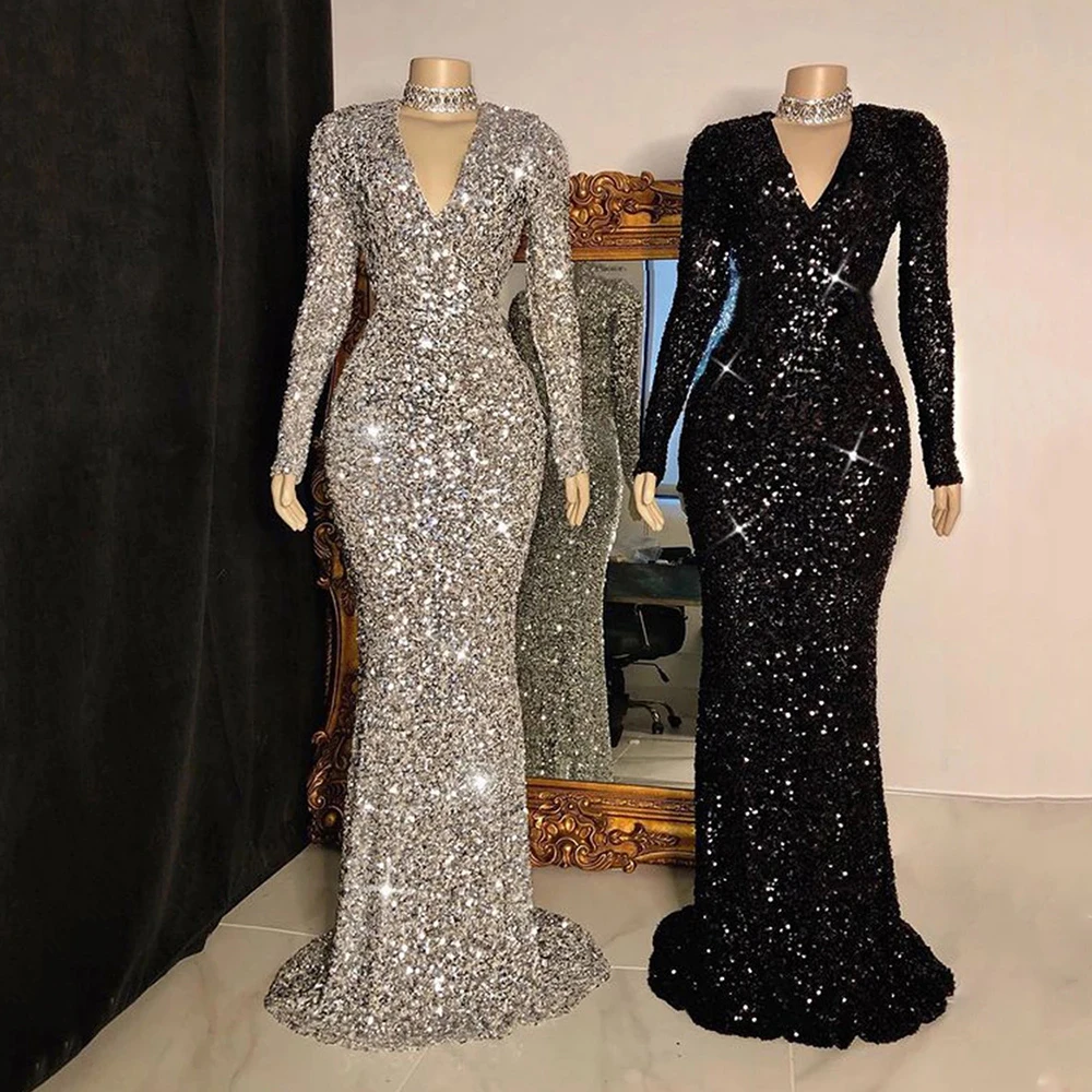 party gown for women Sexy Long Mermaid Prom Dresses 2022 V-neck Long Sleeve Sequins Satin African Women Black Girl Prom Gowns For Party Dress plus size evening dresses