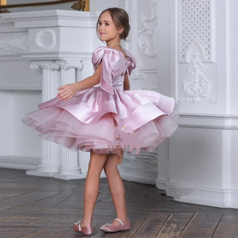 

Cute delamination Satin Flower Girl Dresses with Bow Knee Length 2023 Wedding Party Custom princesses Celebration Gowns