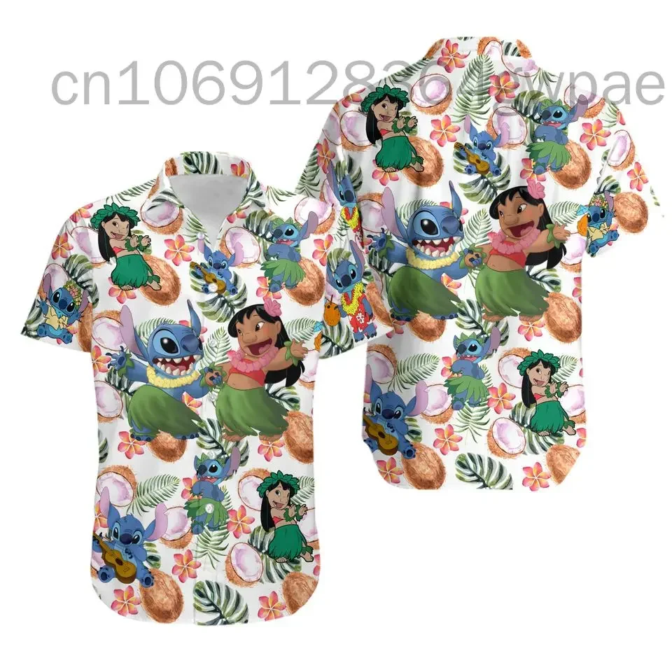 

Disney Stitch and Lilo Hawaiian Shirt Men's Women's Short Sleeve Beach Shirt Disney Cartoon Cute Casual Button Up Hawaiian Shirt