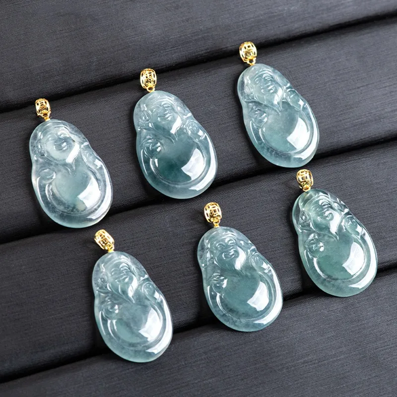 Natural Burmese Blue Emerald God Wealth Jade Pendant 925 Silver Necklace Fashion Charm Jewelry Jadeite Amulet Gifts for Women
